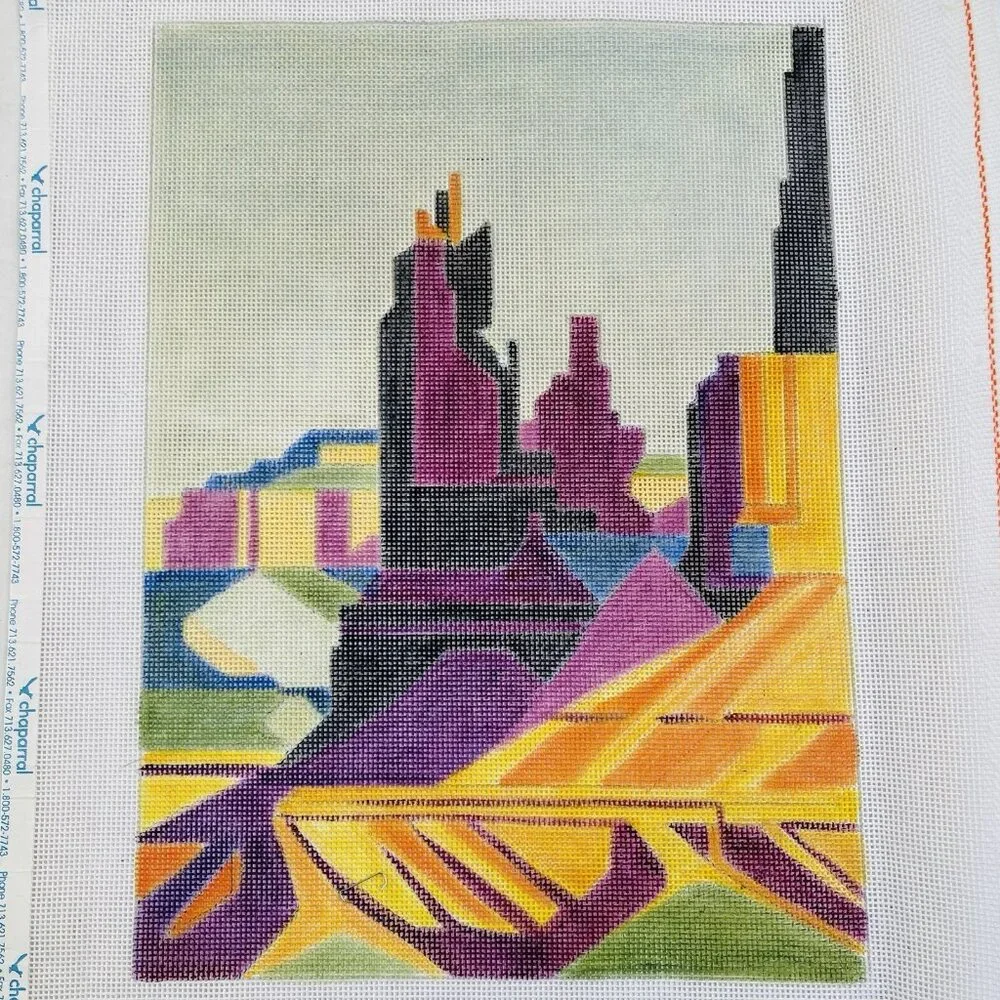 Hand‎ Painted Needlework Canvas Signed Mell Andrea Abstract Landscape Design